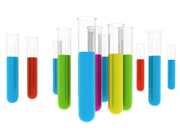 Laboratorní sklo barevné kapalinou a s odleskem izolovaných na bílém — Stock fotografie