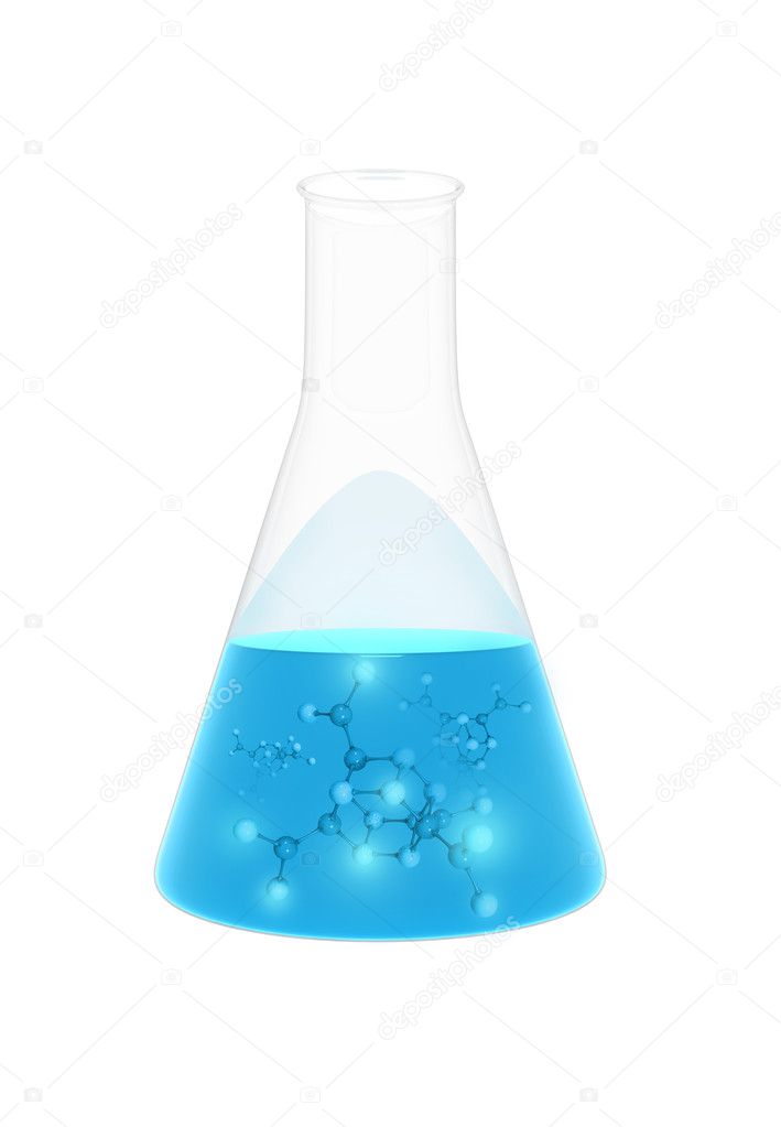 Laboratory glassware with color liquid and molecules