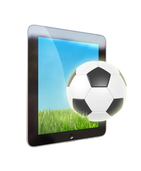 Tabletový počítač nebo pad s fotbalový míč — Stock fotografie
