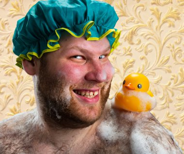 Happy man with duck toy clipart
