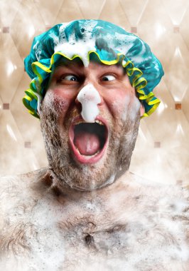Bizarre man with soap foam on nose clipart