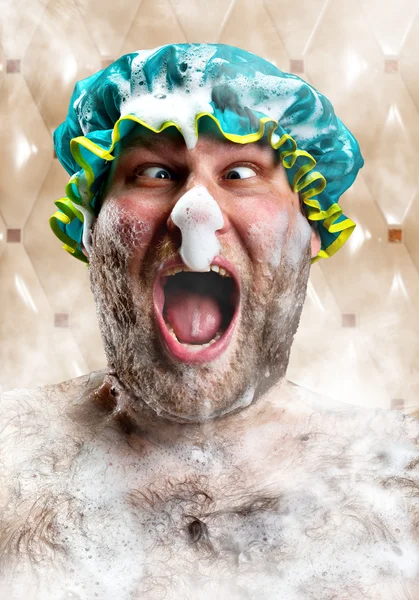 Bizarre man with soap foam on nose — Stock Photo, Image
