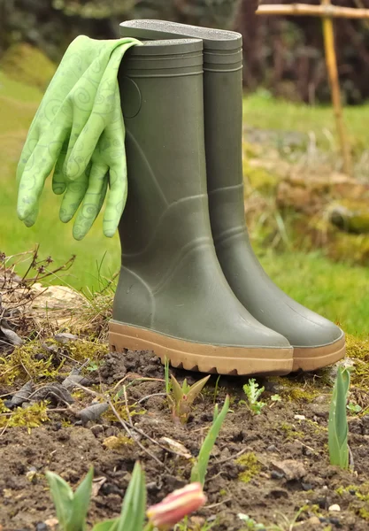 Stivali di gomma in un giardino — Foto Stock