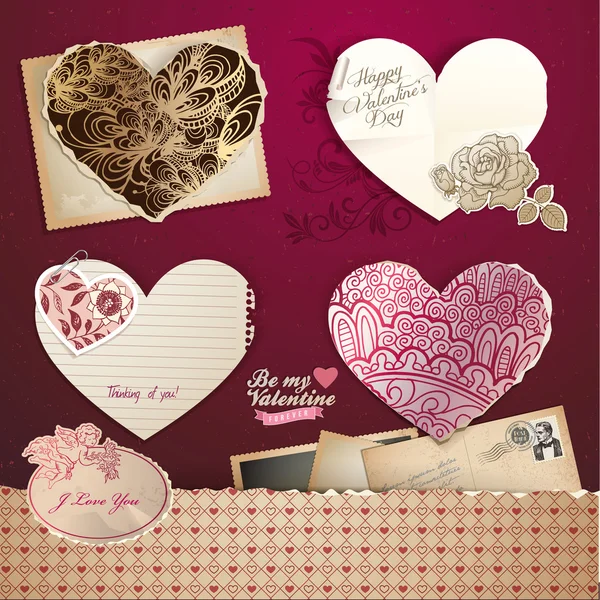 День святого Валентина сердца и элементы - винтажный дизайн — стоковый вектор