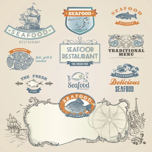 Etiquetas y elementos de mariscos — Archivo Imágenes Vectoriales