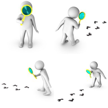 Set of 3d man with magnifier and footprints clipart