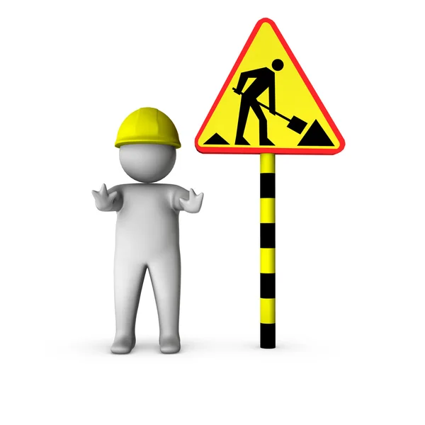 道路工事の標識と 3 d の労働者 — ストック写真