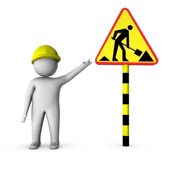 3d trabalhador com sinal de obras rodoviárias — Fotografia de Stock