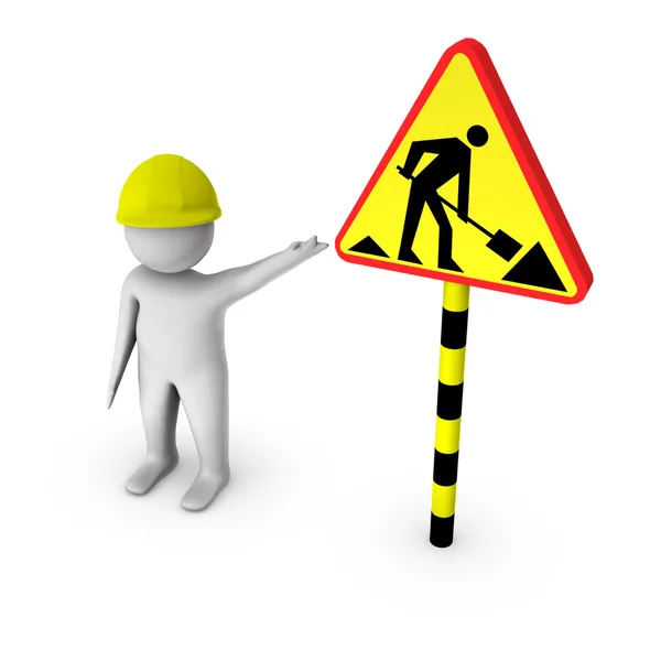 3d worker with road works sign — Stock Photo, Image