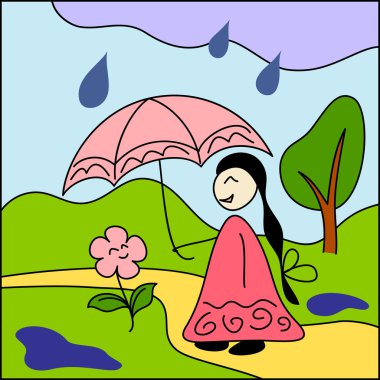 Girl and flower under umbrella clipart