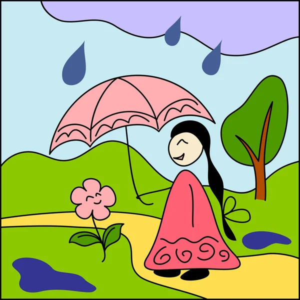 Gadis dan bunga di bawah payung - Stok Vektor