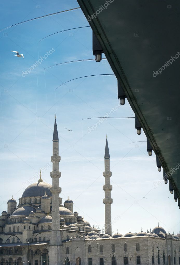 Fishing rods on Galata Bridge and New Mosque (Istanbul, Turkey)