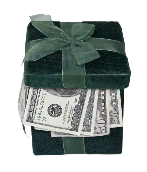 Grüne Geschenkschachtel voller Geld — Stockfoto
