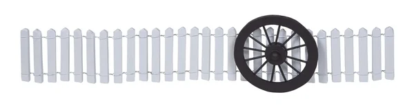 Postkoets wiel tegen een witte paaltjes hek — Stockfoto