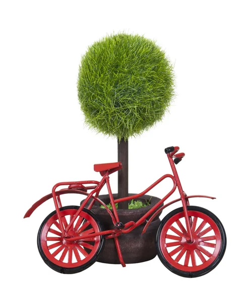 빨간 자전거 화분에 심는 나무에 기대어 — 스톡 사진