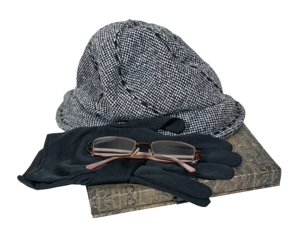Tweed sombrero guantes gafas libro —  Fotos de Stock