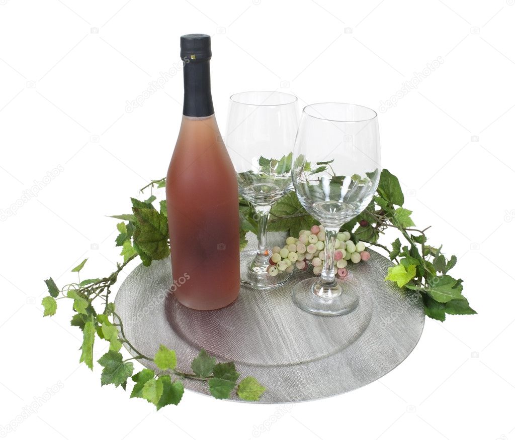 Wine Bottle and Glasses on Silver Charger