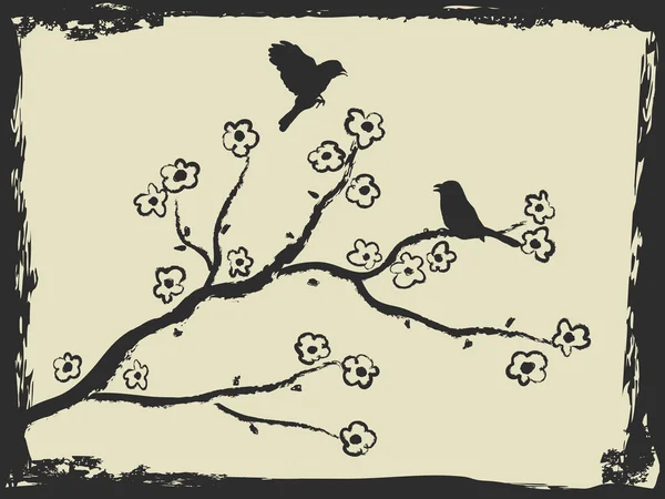 Handzeichnung von Vögeln und Pflaumenblüten — Stockvektor