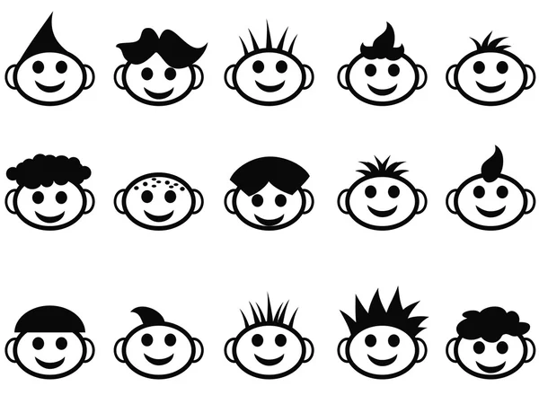 Bambini dei cartoni animati faccia con icone stile capelli — Vettoriale Stock