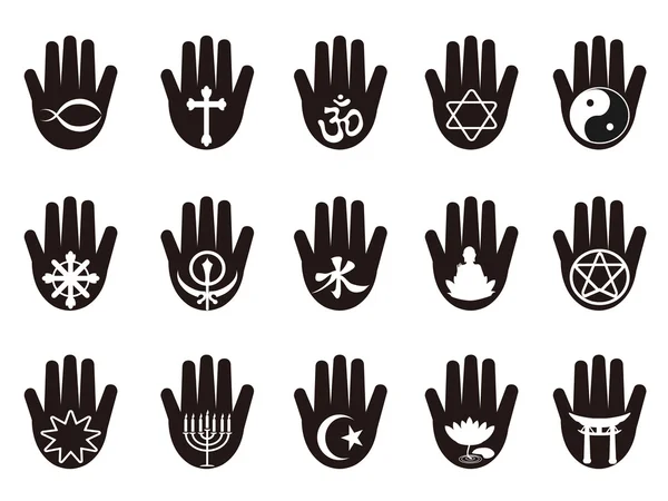 Hand with religious symbols icon — Stock Vector
