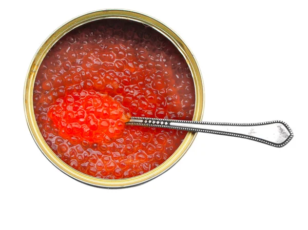 Salmon caviar with a spoon in the pot — Stock Photo, Image
