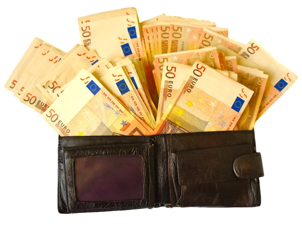 Vieux portefeuille en cuir avec billets en euros — Photo