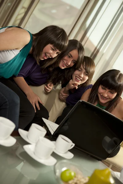 Vänner tittar på laptop Stockbild