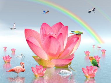 Lily flowers and birds under rainbow clipart