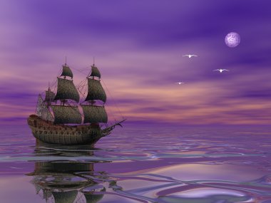 Flying Dutchman, pirate ship sailing in the moonlight clipart