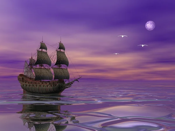 Holandés volador, barco pirata navegando a la luz de la luna — Foto de Stock