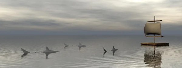 Плот и акулы — стоковое фото