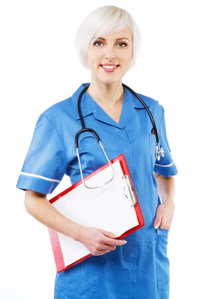 Enfermeira amigável em fundo branco — Fotografia de Stock