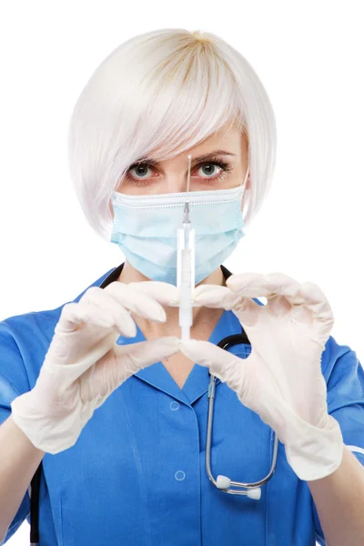 Enfermeira amigável em fundo branco — Fotografia de Stock