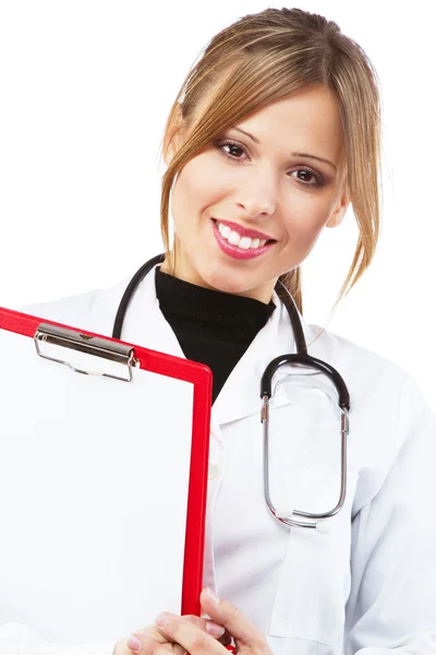 Vänlig sjuksköterska på vit bakgrund — Stockfoto