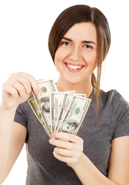 Ung vacker kvinna som täcker hennes ansikte med dollarsedlar — Stockfoto