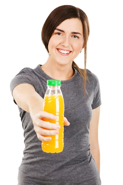 Young beautiful woman with bottle of juice — Stock Photo, Image