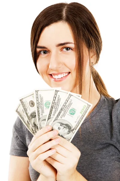 Mladá krásná žena zakryla tvář s dolarové bankovky — Stock fotografie
