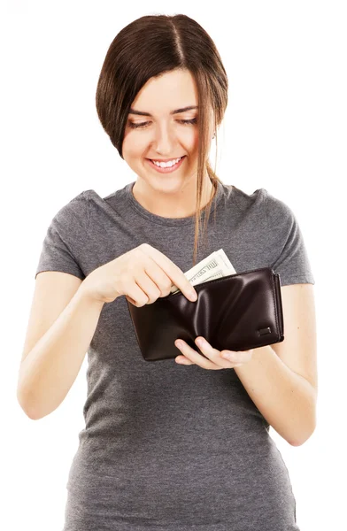 Jovem mulher bonita segurando uma carteira — Fotografia de Stock