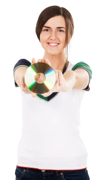 Young beautiful woman showing a CD — Stock Photo, Image
