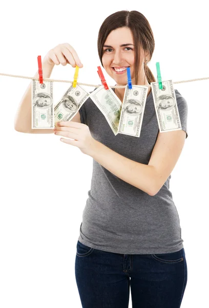 Ung vacker kvinna med en dollarsedel från repet — Stockfoto
