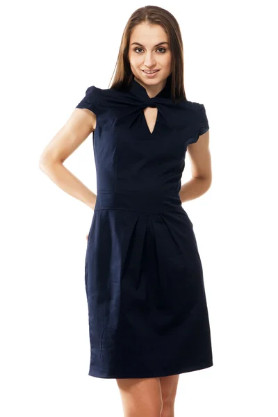 Schönes Mode-Model im strengen blauen Kleid — Stockfoto