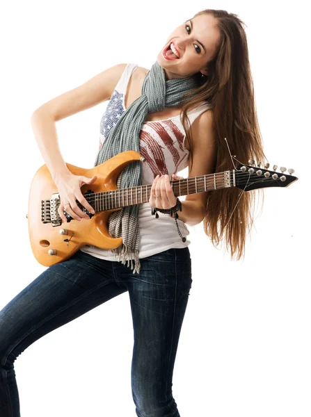 Schönes Mädchen mit E-Gitarre, weißer Hintergrund — Stockfoto