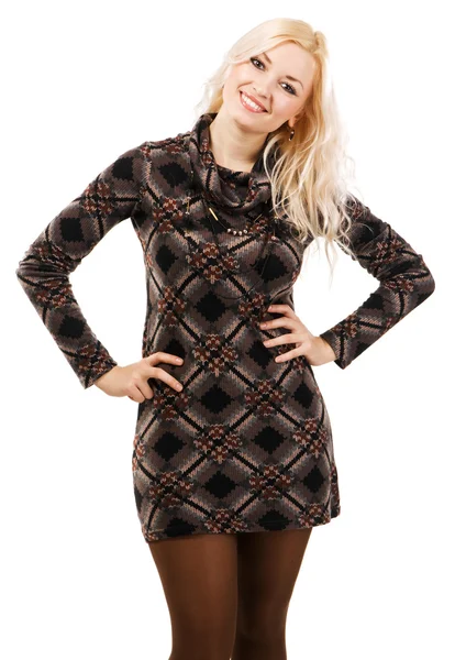 Vacker modell i brun Stickad klänning — Stockfoto