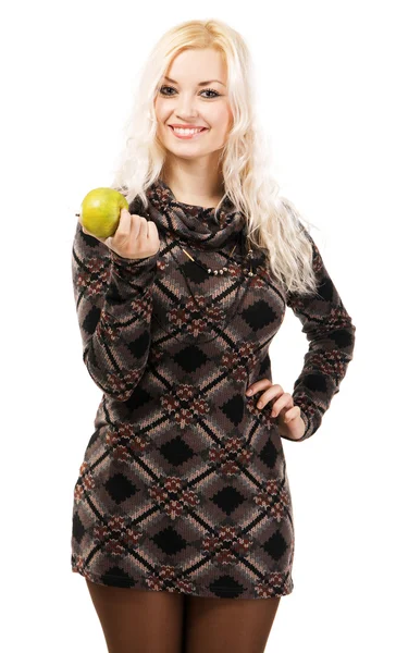Beautiful model in brown knitted dress — Stock Photo, Image