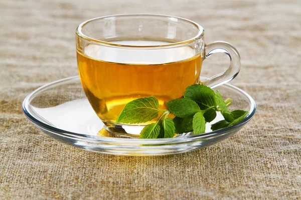 Tasse à thé avec des feuilles de menthe fraîche — Photo