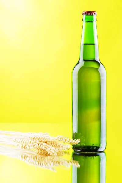 Taza de cerveza y botella aisladas sobre fondo blanco —  Fotos de Stock