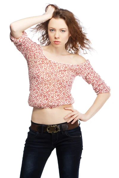 흰색 바탕에 아름 다운 빨간 머리 모델 — 스톡 사진