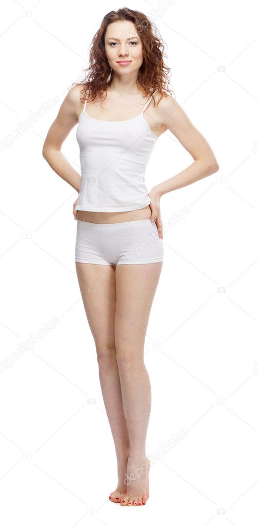 Beautiful Slim Woman In A T-shirt, Isolated On White Background
