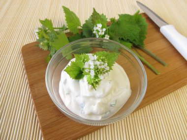 Cream cheese with garlic mustard clipart