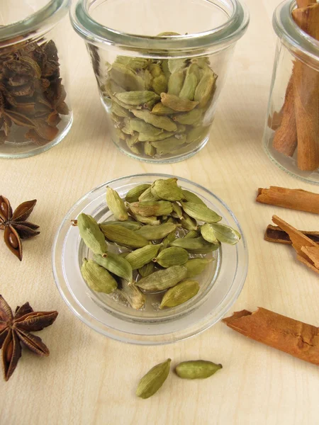 Spice potten met kardemom, kaneel en steranijs — Stockfoto
